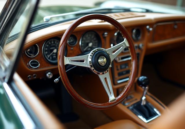 Un dettaglio ravvicinato di un volante d'epoca in pelle e legno, simbolo di controllo e cura artigianale.